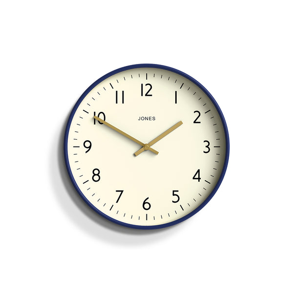 Front - Studio wall clock by Jones Clocks in midnight blue with an easy-to-read and minimalistic dial an gold effect hands - JPEN52PEBL