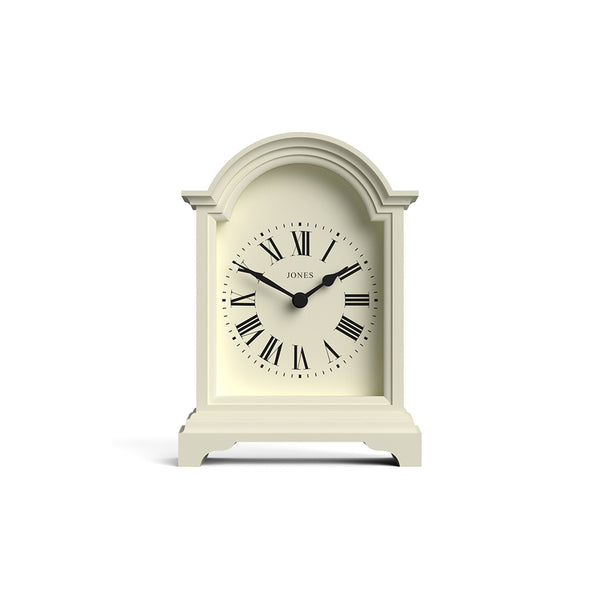 Bistro mantel clock by Jones Clocks in Linen White with a cream and black Roman numeral dial - JBIS319LW