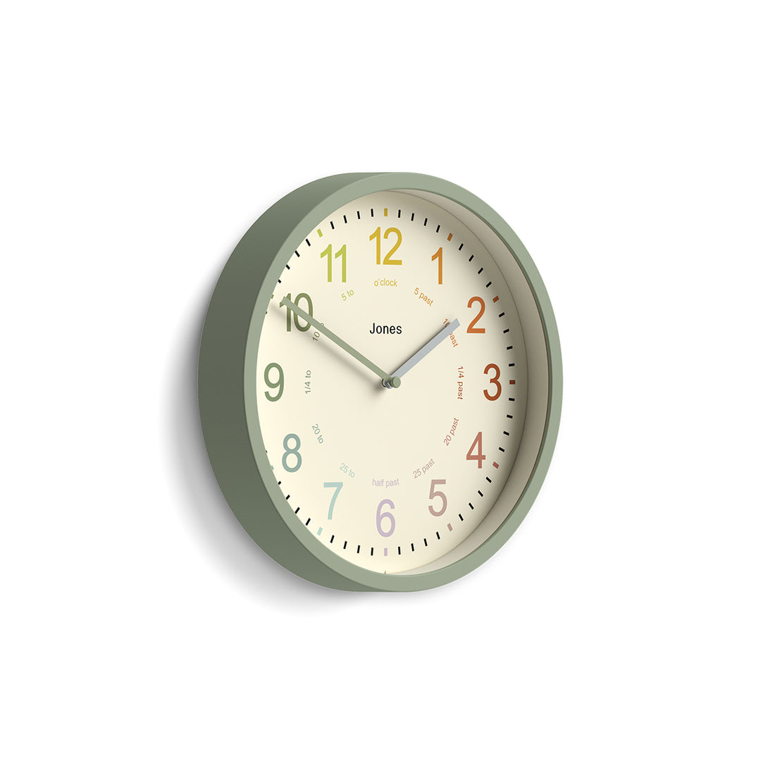 Side view - Kids wall clock by Jones Clocks in sage green with a multi-coloured, easy-to-read dial - JDRAG180DS