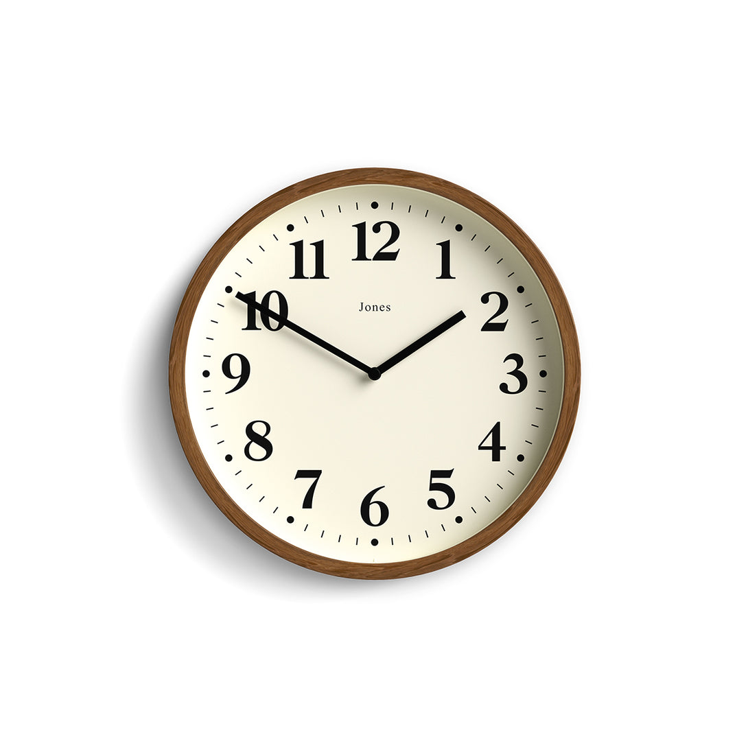 Lodge wall clock by Jones Clocks in dark faux wood with a minimalist Arabic dial - JDRAG18DFW