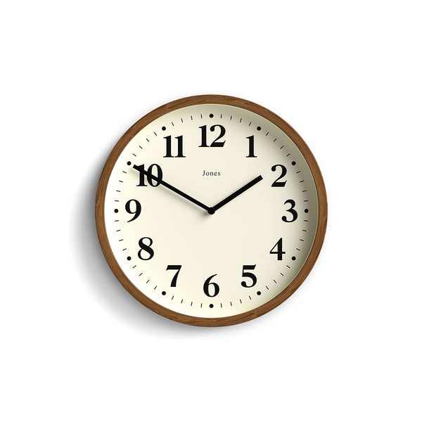 Lodge wall clock by Jones Clocks in dark faux wood with a minimalist Arabic dial - JDRAG18DFW