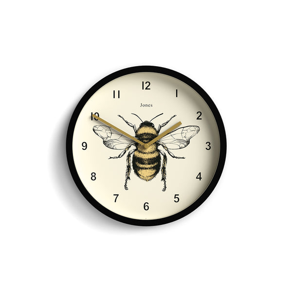 Bee wall clock by Jones Clocks with a black case and modern bee dial - JDRAG277K