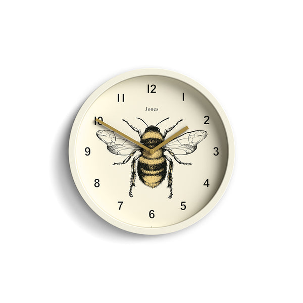 Bee wall clock by Jones Clocks with a linen white case and modern bee dial - JDRAG277LW