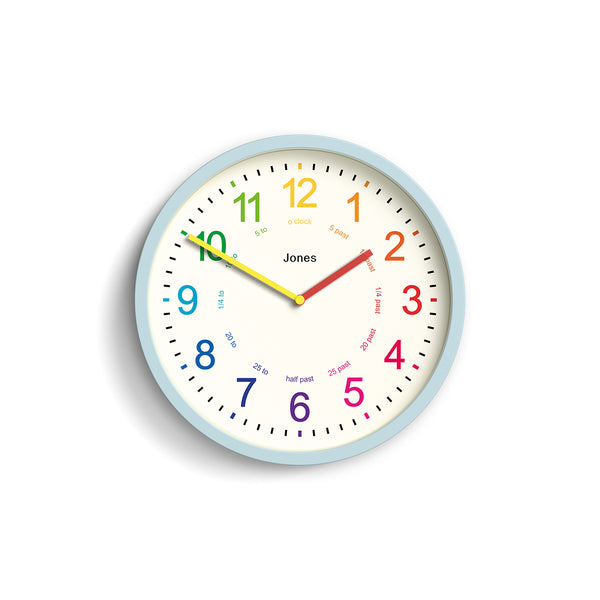 Kids wall clock by Jones Clocks in pale blue with a multi-coloured, easy-to-read dial - JDRAG73CBL
