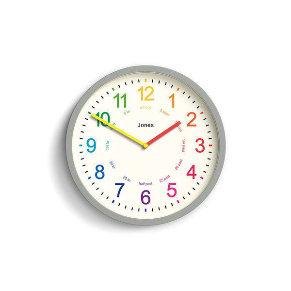 Kids wall clock by Jones Clocks in grey with a multi-coloured, easy-to-read dial - JDRAG73PGY