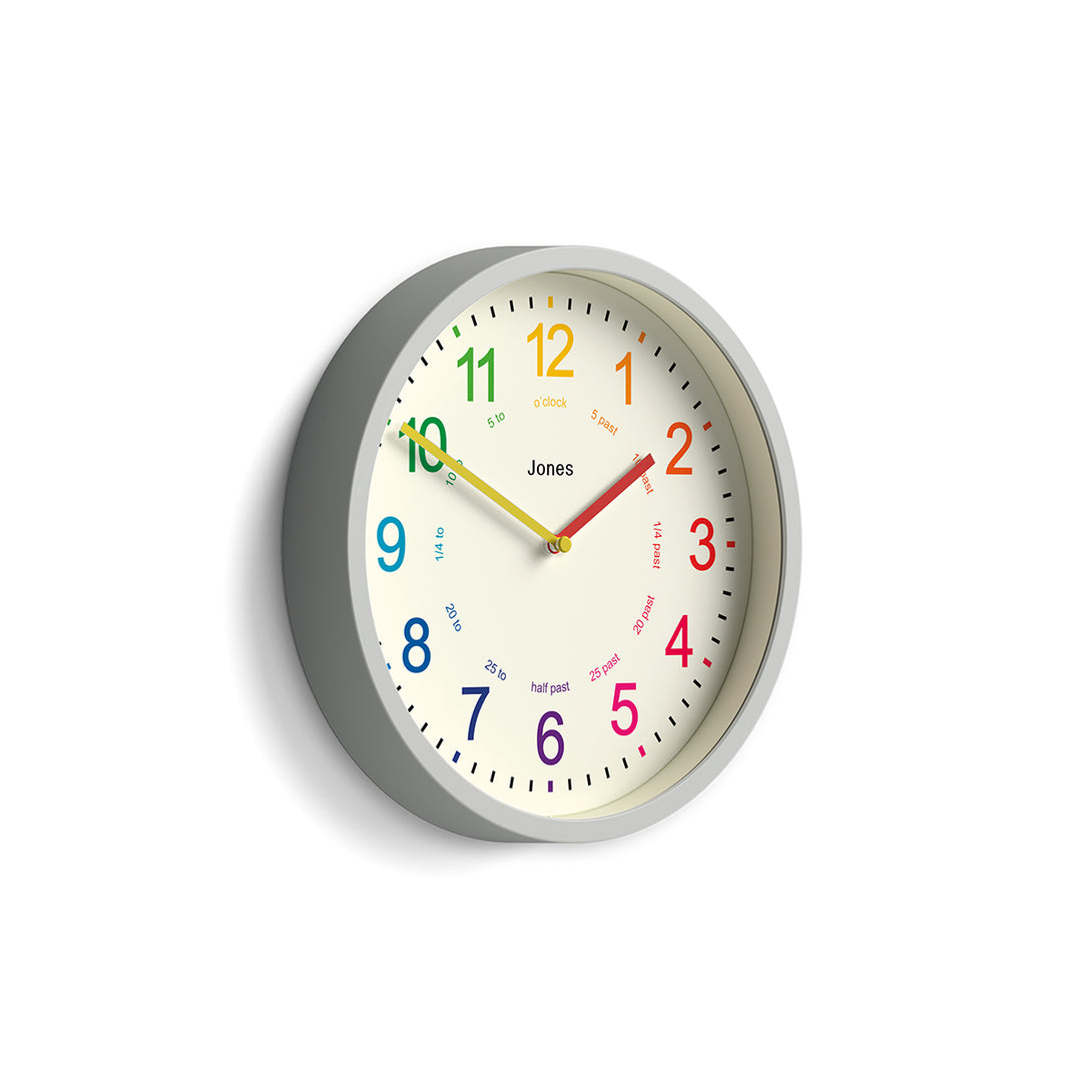 Side view - Kids wall clock by Jones Clocks in grey with a multi-coloured, easy-to-read dial - JDRAG73PGY