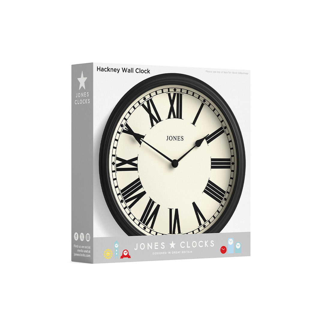 Hackney wall clock by Jones Clocks in white with a decorative case and classic Roman numeral dial - JHAC1LW