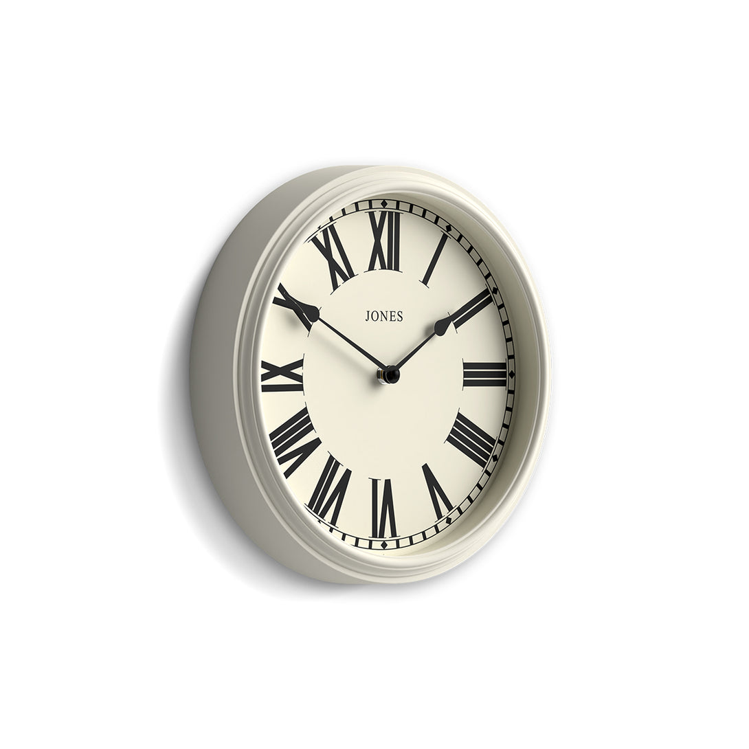 Side view - Hackney wall clock by Jones Clocks in white with a decorative case and classic Roman numeral dial - JHAC1LW