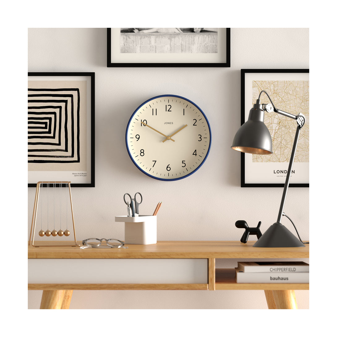 Office - Studio wall clock by Jones Clocks in midnight blue with an easy-to-read and minimalistic dial an gold effect hands - JPEN52PEBL