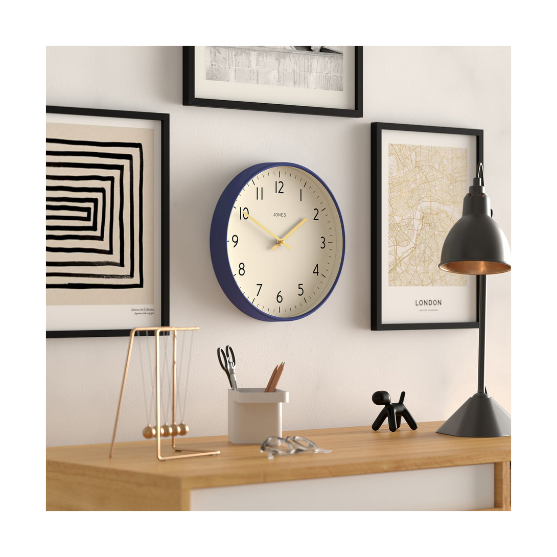 Skew office - Studio wall clock by Jones Clocks in midnight blue with an easy-to-read and minimalistic dial an gold effect hands - JPEN52PEBL