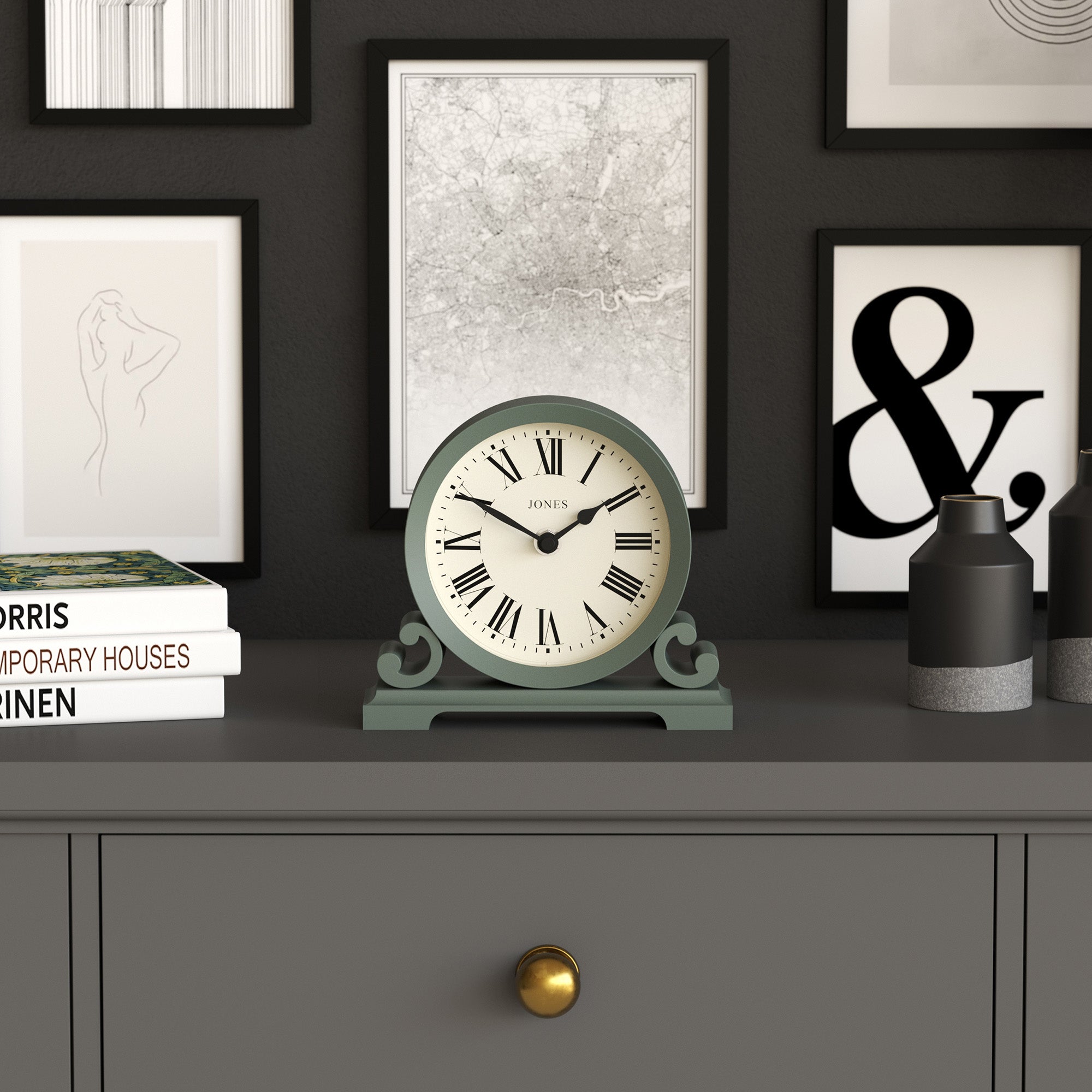 Saloon mantel clock in asparagus green | Jones Clocks