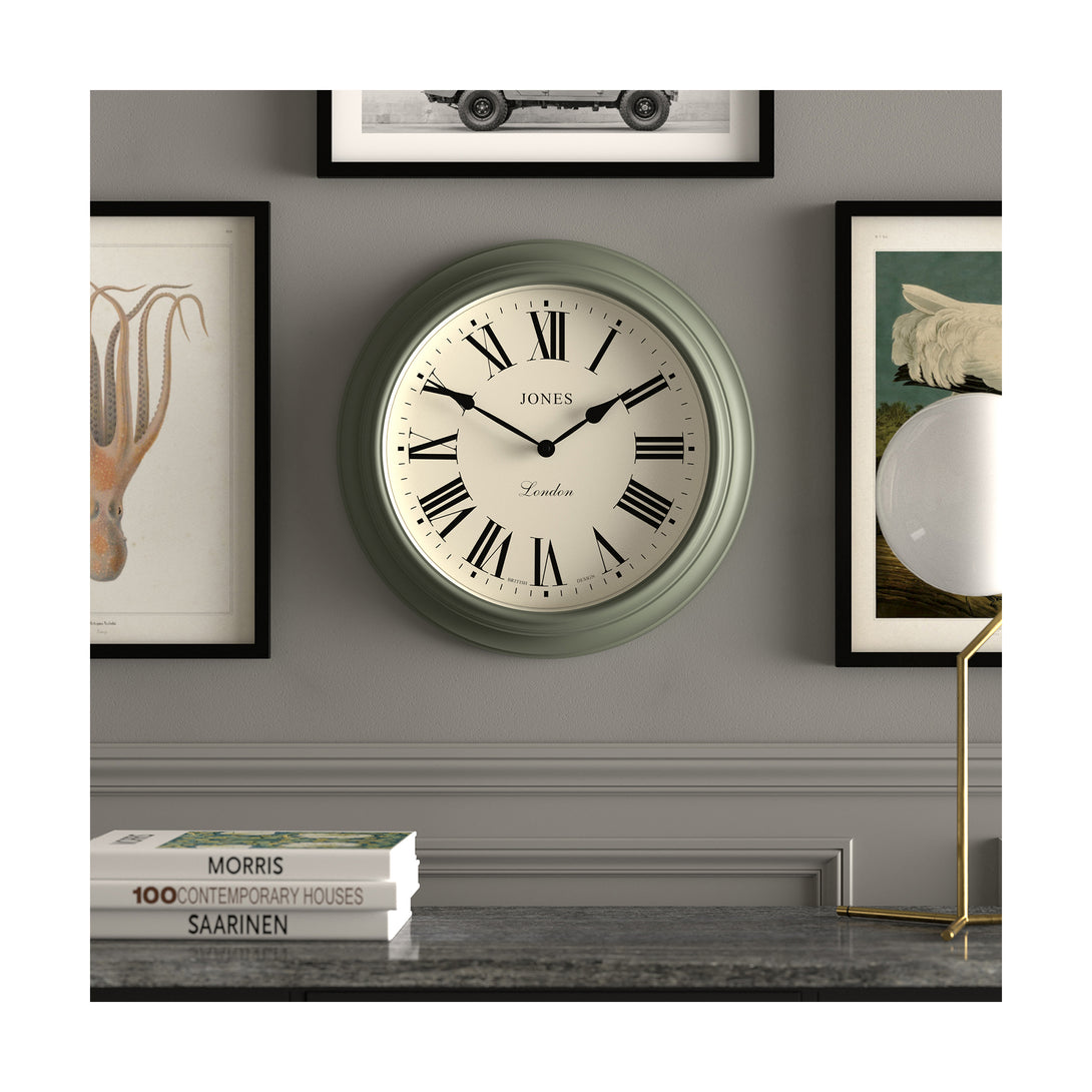 Gallery wall - Large Supper Club wall clock by Jones Clocks. A classic Moss Green case with a Roman Numeral dial and black spade hands - JSUP319ASG