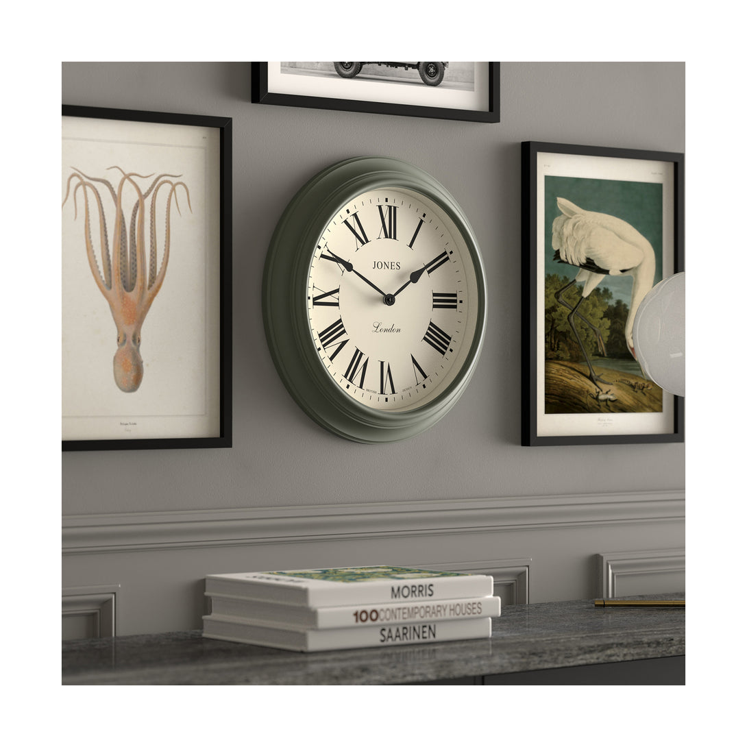 Gallery wall 2 - Large Supper Club wall clock by Jones Clocks. A classic Moss Green case with a Roman Numeral dial and black spade hands - JSUP319ASG