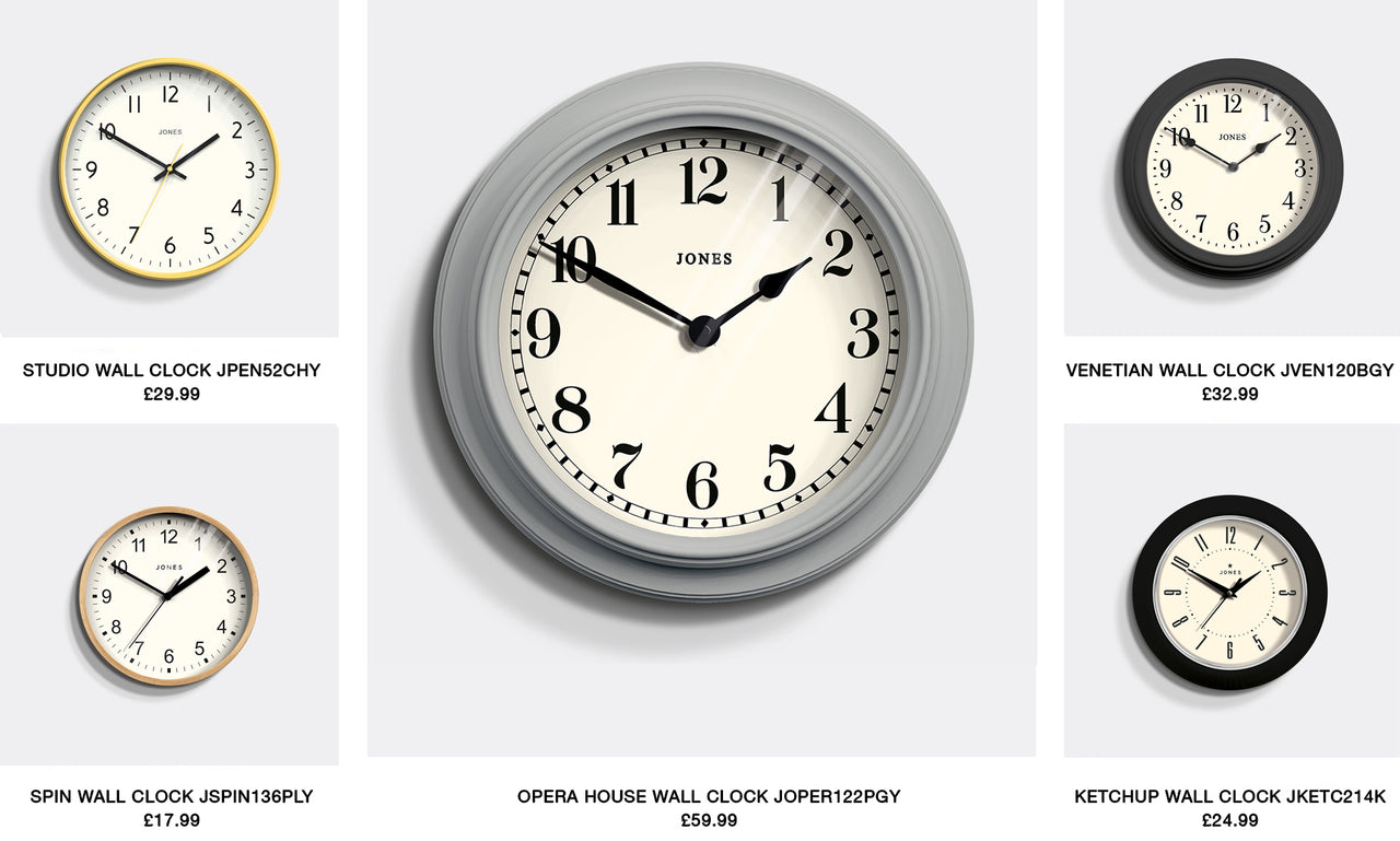 Selection of Jones clocks; Studio, Venetian, Spin, Ketchup & Opera House