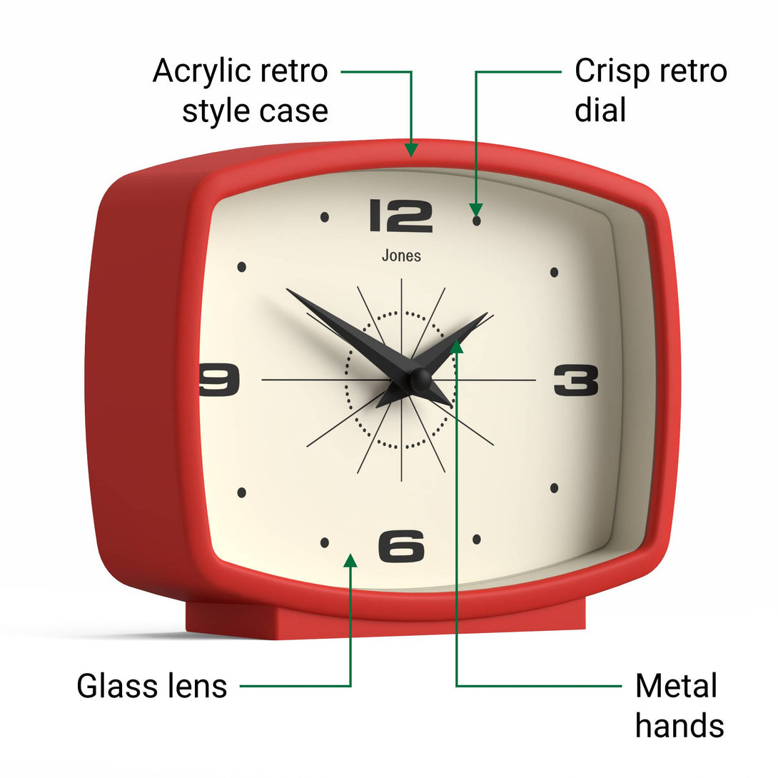 Clock Engine Representation Jones Film mantel clock in engine red – Jones Clocks