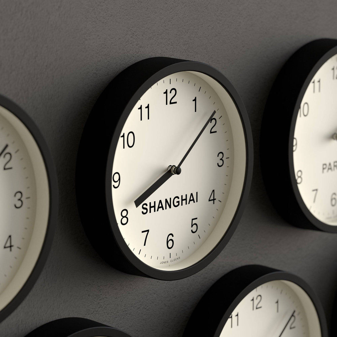 Jones Time Zone Shanghai wall clock in black 20cm – Jones Clocks