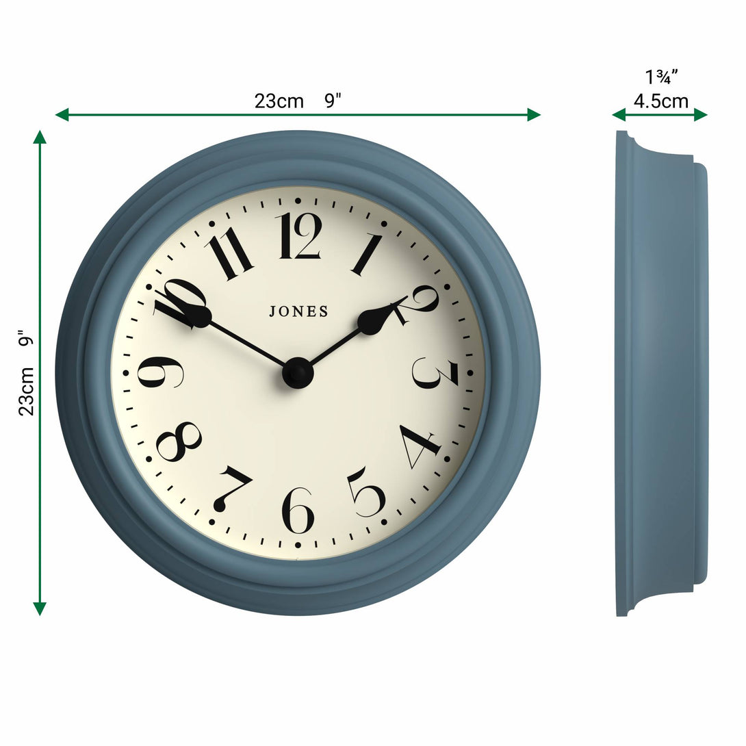 Jones Frieze wall clock in blue 23cm – Jones Clocks