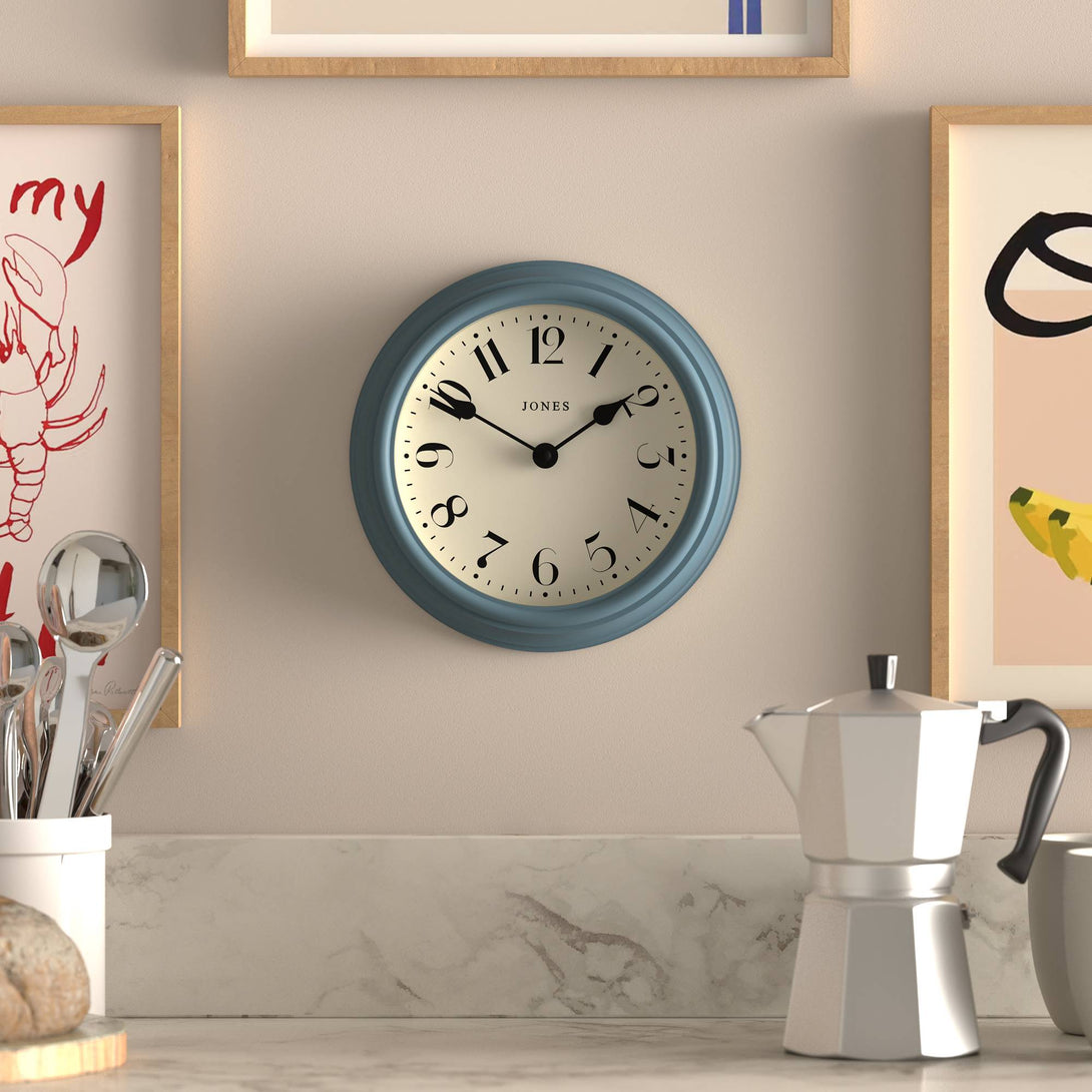 Jones Frieze wall clock in blue 23cm – Jones Clocks
