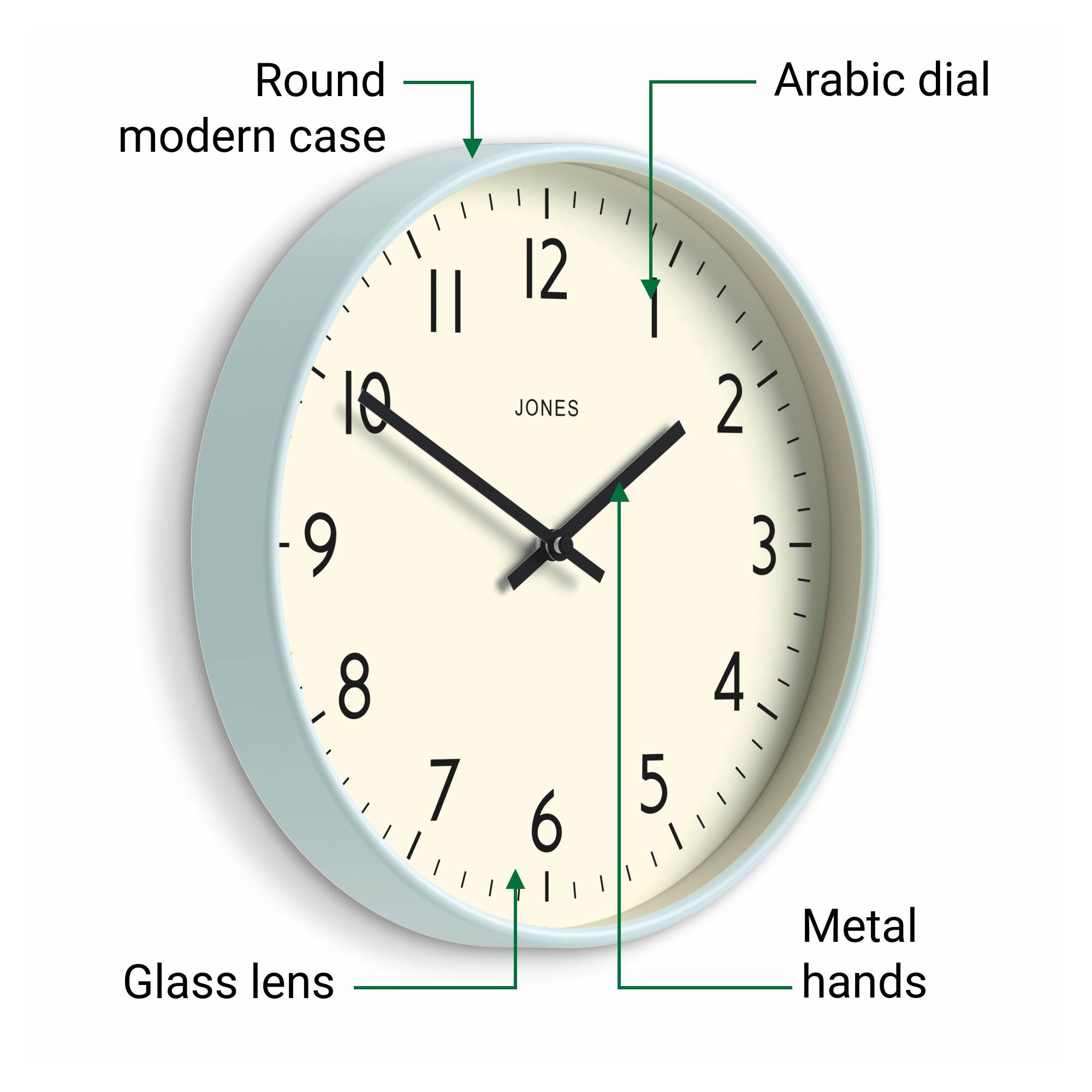 Jones Studio wall clock in pale blue 30cm – Jones Clocks