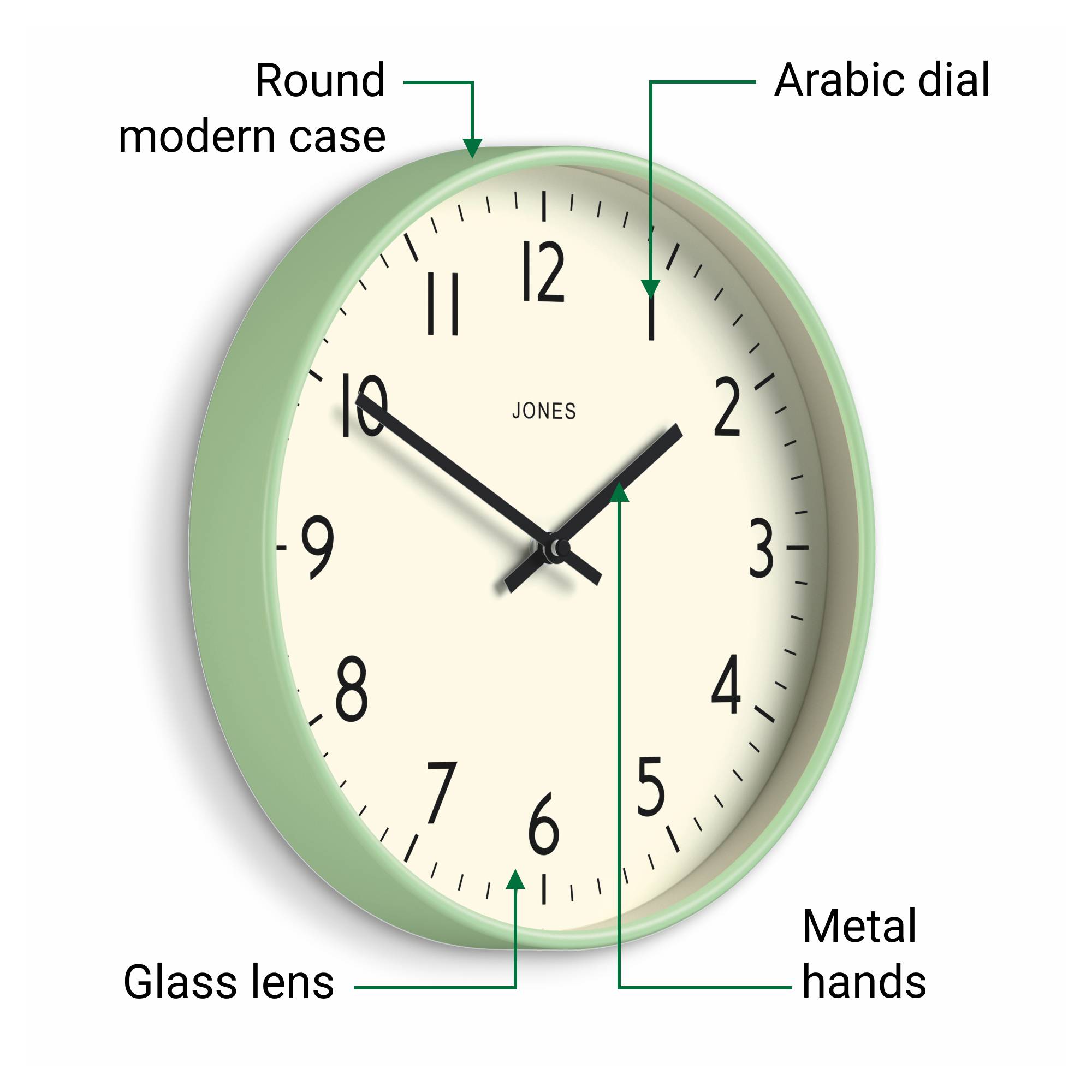 Jones Studio wall clock in mint green 30cm – Jones Clocks