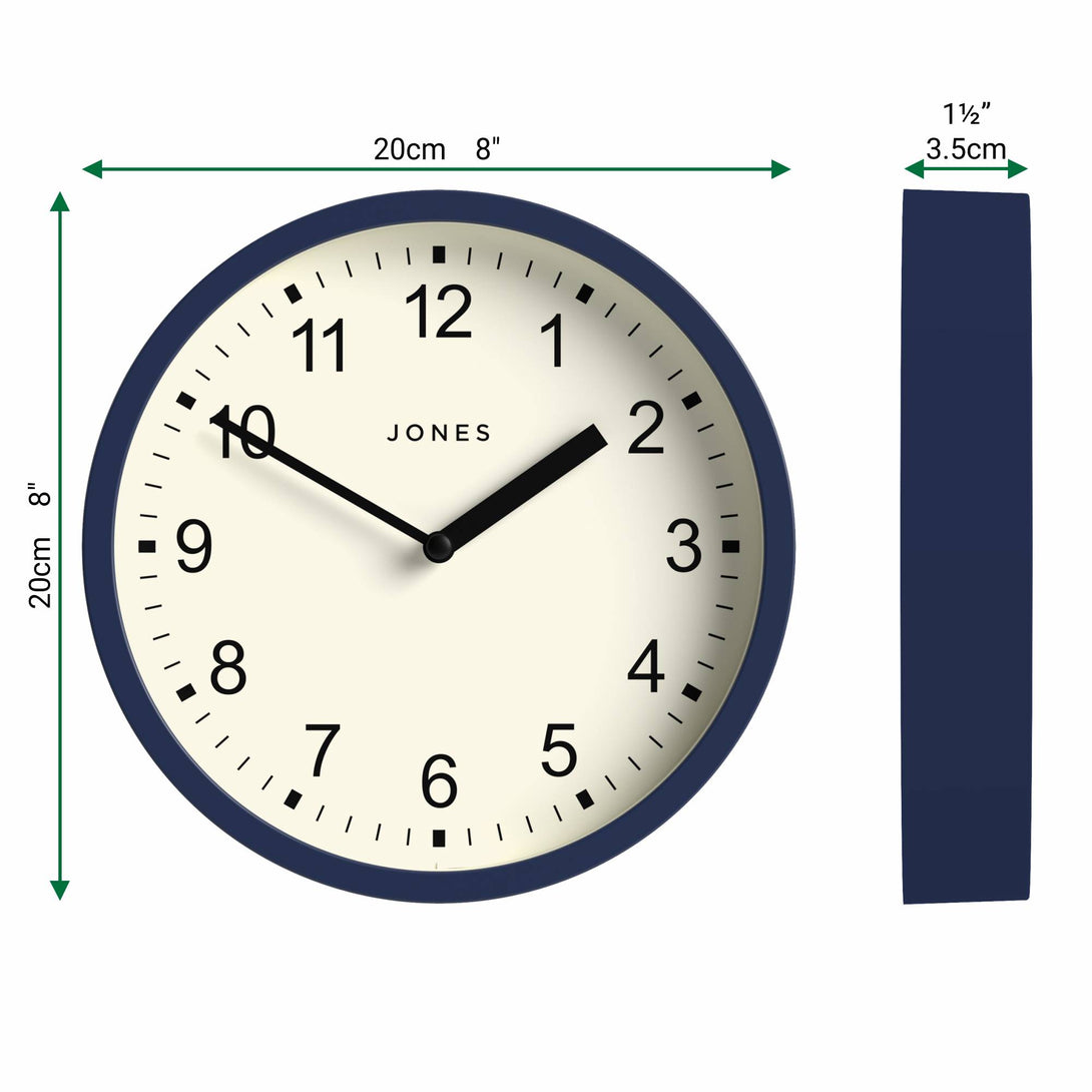 Jones Spin wall clock in indigo blue 20cm – Jones Clocks