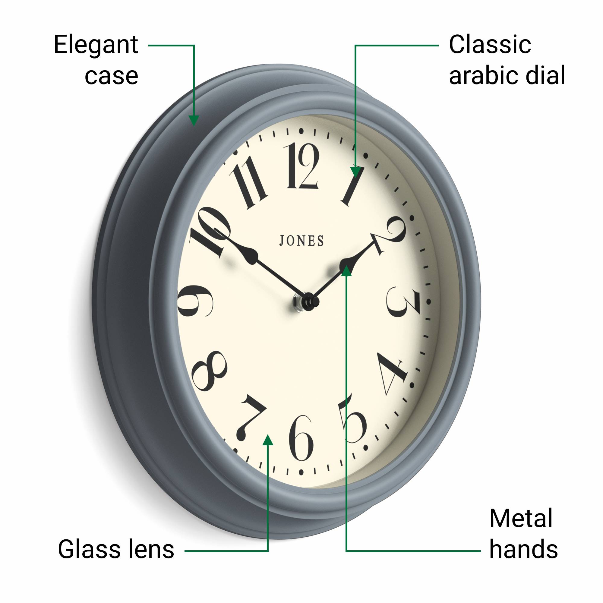 Jones Serenity wall clock in blue grey french navy 30cm – Jones Clocks