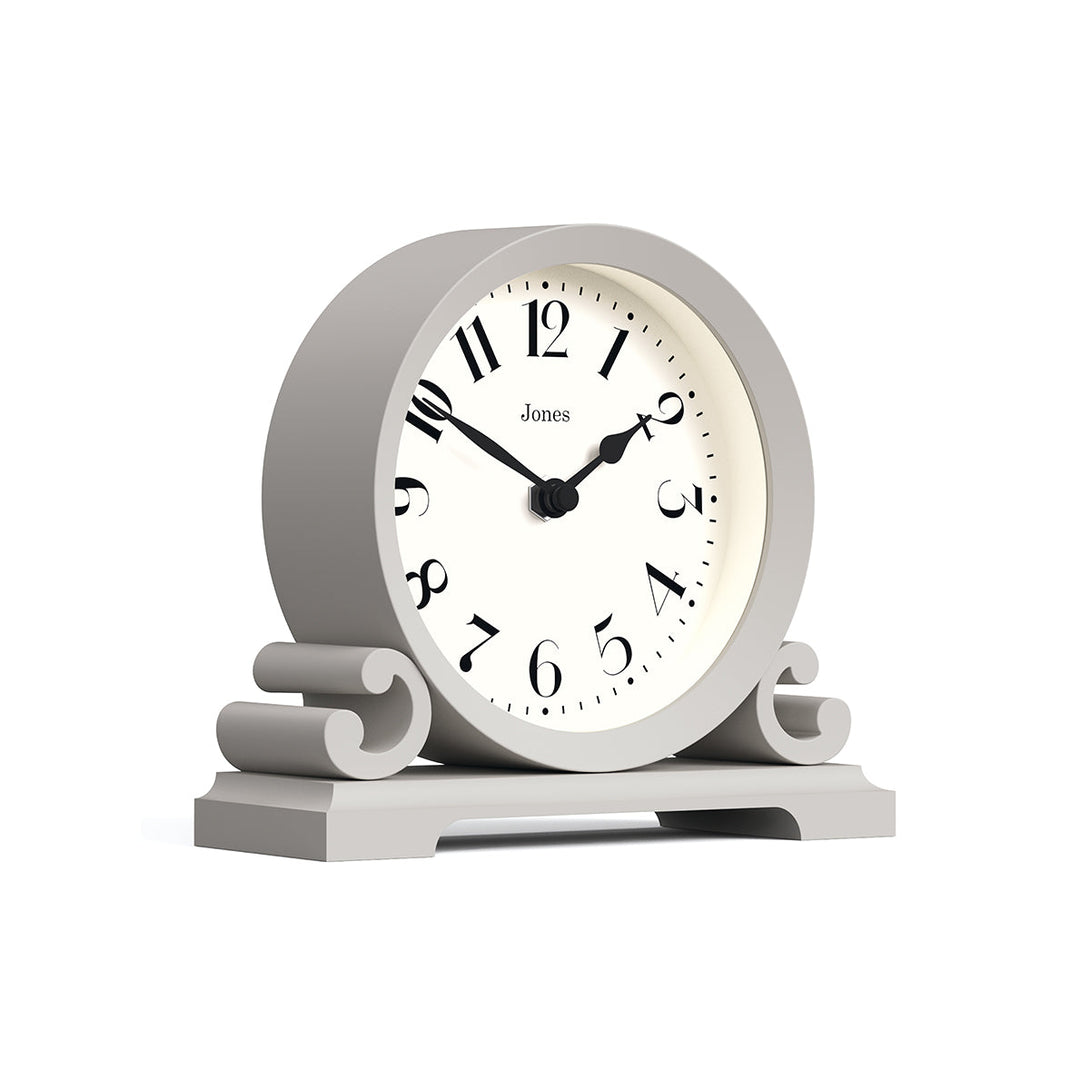Skew - Saloon decorative mantel clock by Jones Clocks in cloud grey with a modern stylistic Arabic dial and metal spade hands - JSAL192OGY