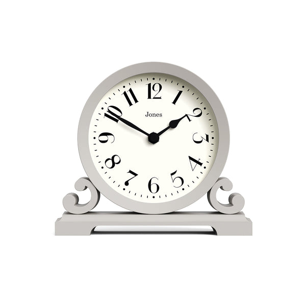 Front - Saloon decorative mantel clock by Jones Clocks in cloud grey with a modern stylistic Arabic dial and metal spade hands - JSAL192OGY