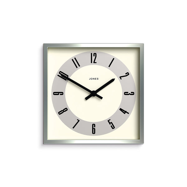 Box wall clock by Jones Clocks in Silver with an Arabic  dial - JBOX211CH