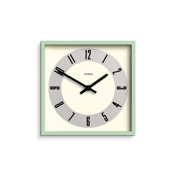 Box wall clock by Jones Clocks in green with an Arabic dial - JBOX211NM