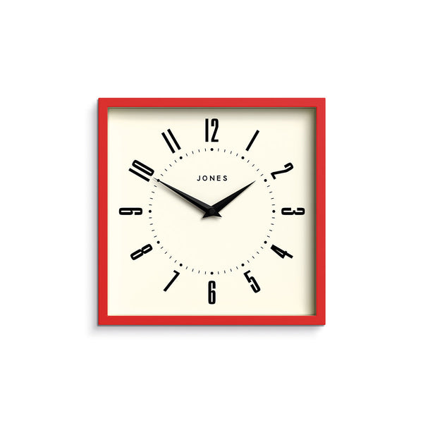 Box wall clock by Jones Clocks in red with retro Arabic dial - JBOX219ER