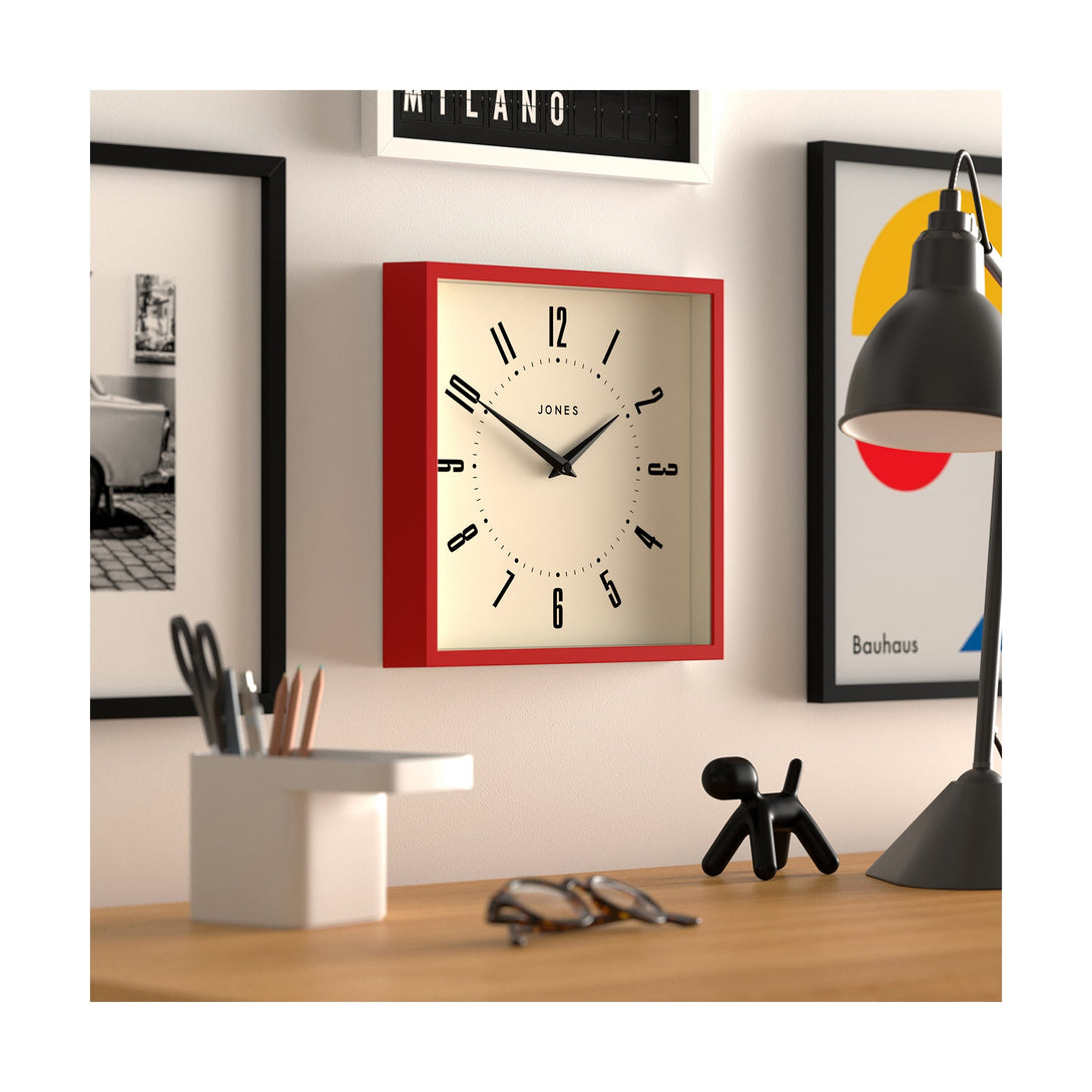 Box wall clock by Jones Clocks in red with retro Arabic dial - JBOX219ER
