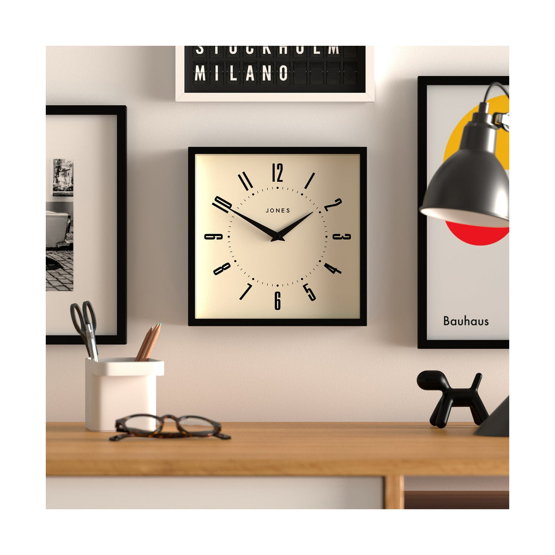 Box wall clock by Jones Clocks in black  with a retro Arabic dial - JBOX219K