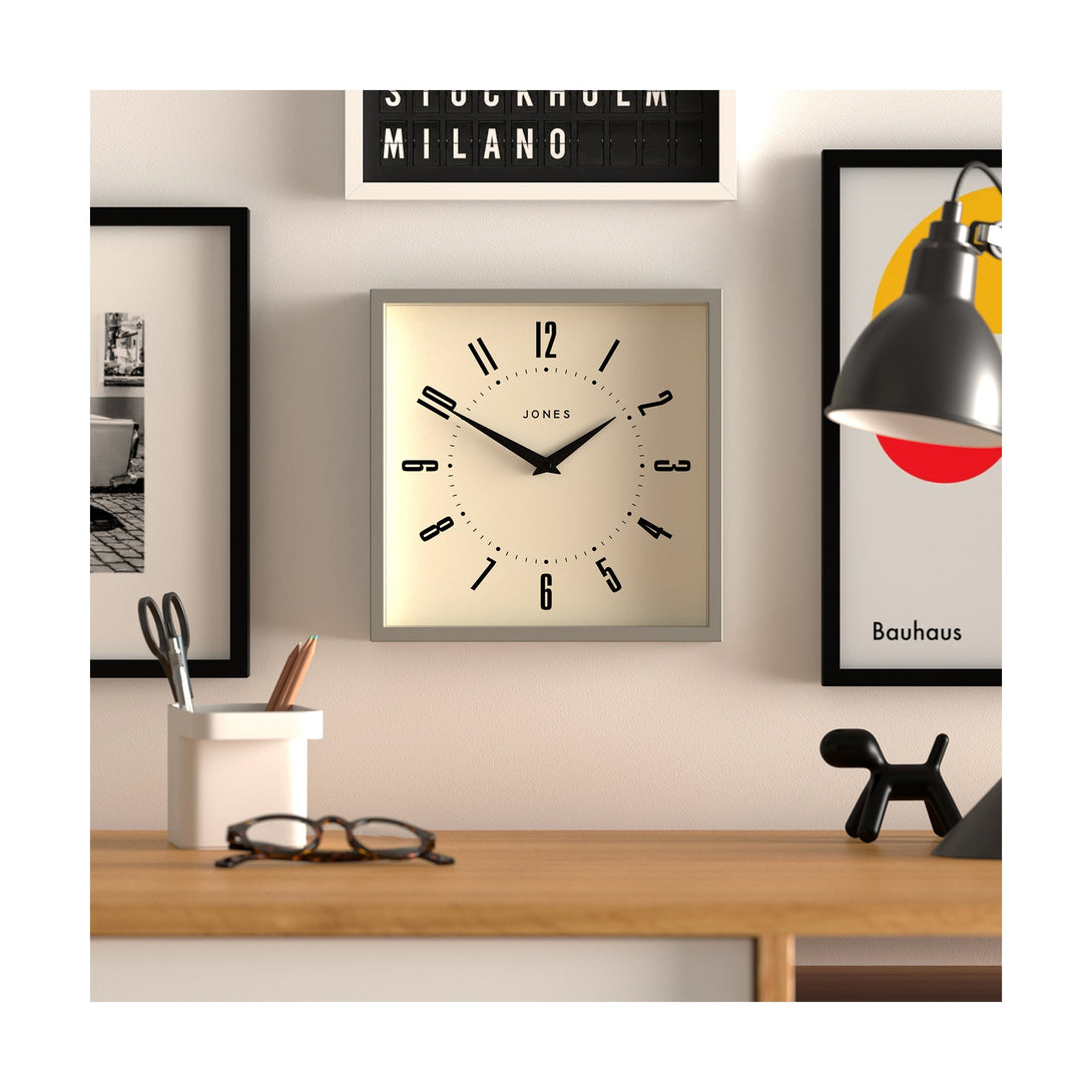 Box wall clock by Jones Clocks in grey with a retro Arabic dial - JBOX219PGY