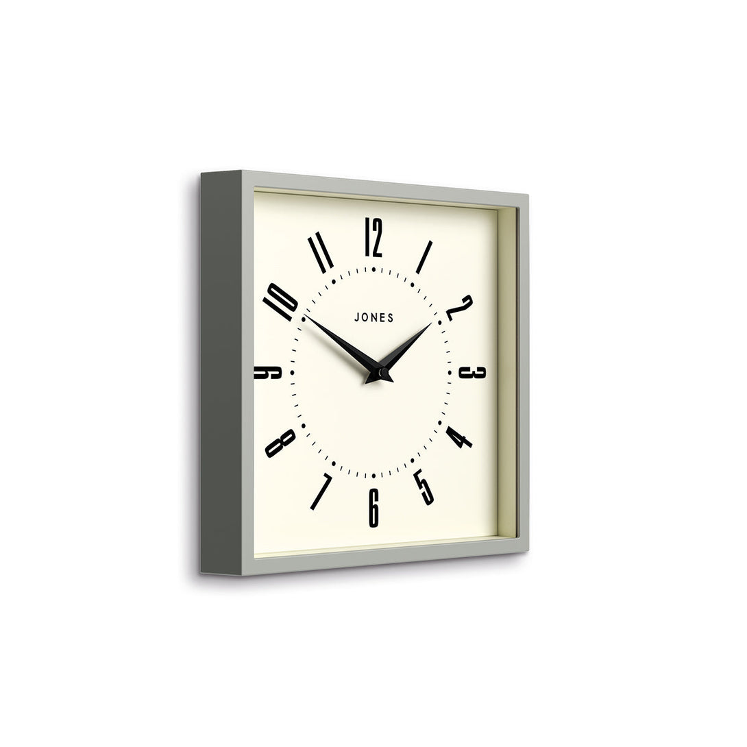 Box wall clock by Jones Clocks in grey with a retro Arabic dial - JBOX219PGY