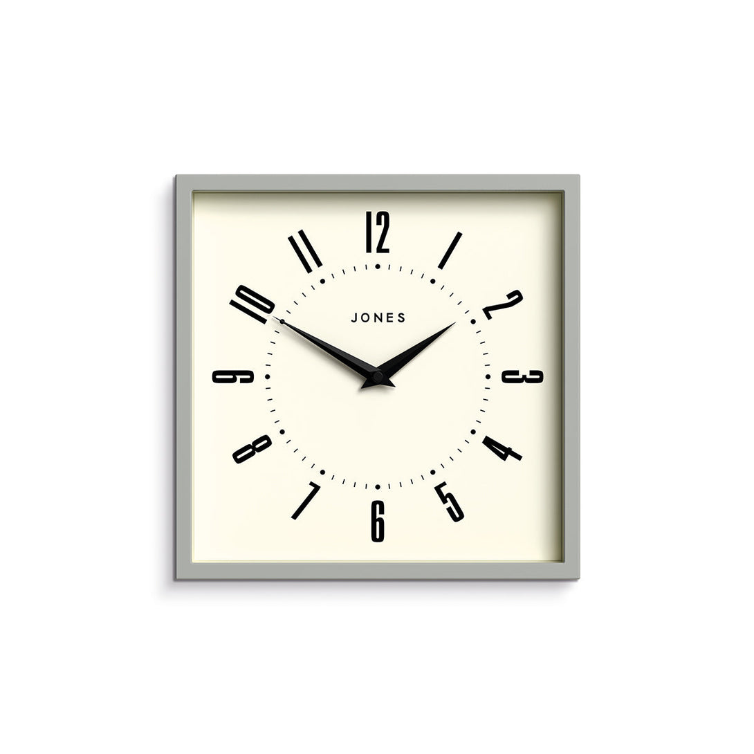 Box wall clock by Jones Clocks in grey with a retro Arabic dial - JBOX219PGY