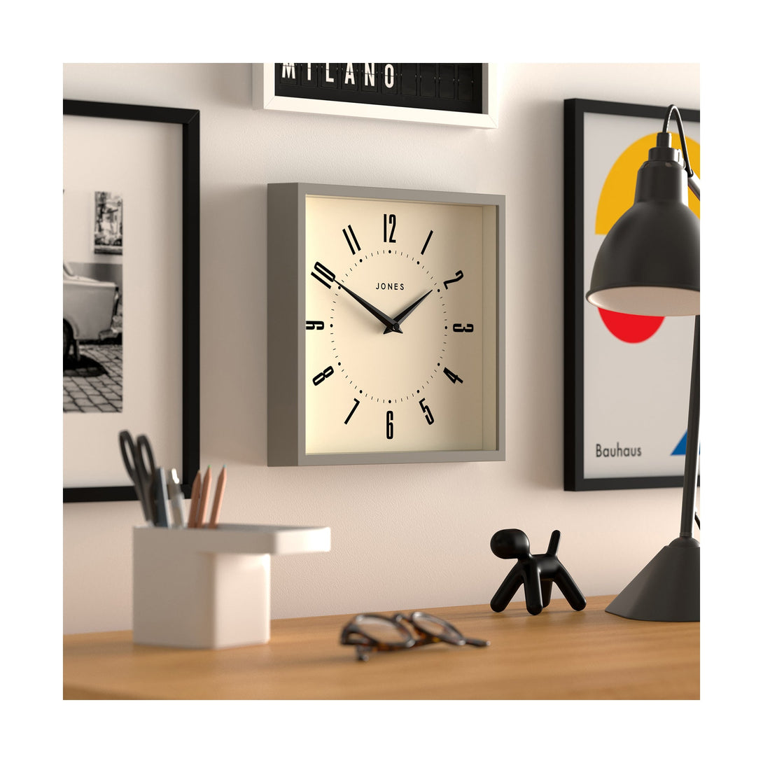 Box wall clock by Jones Clocks in grey with a retro Arabic dial - JBOX219PGY