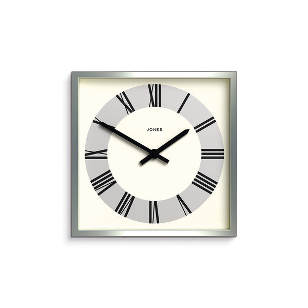 Box wall clock by Jones Clocks in silver with a circular Roman Numeral dial on a silver disk - JBOX230CH