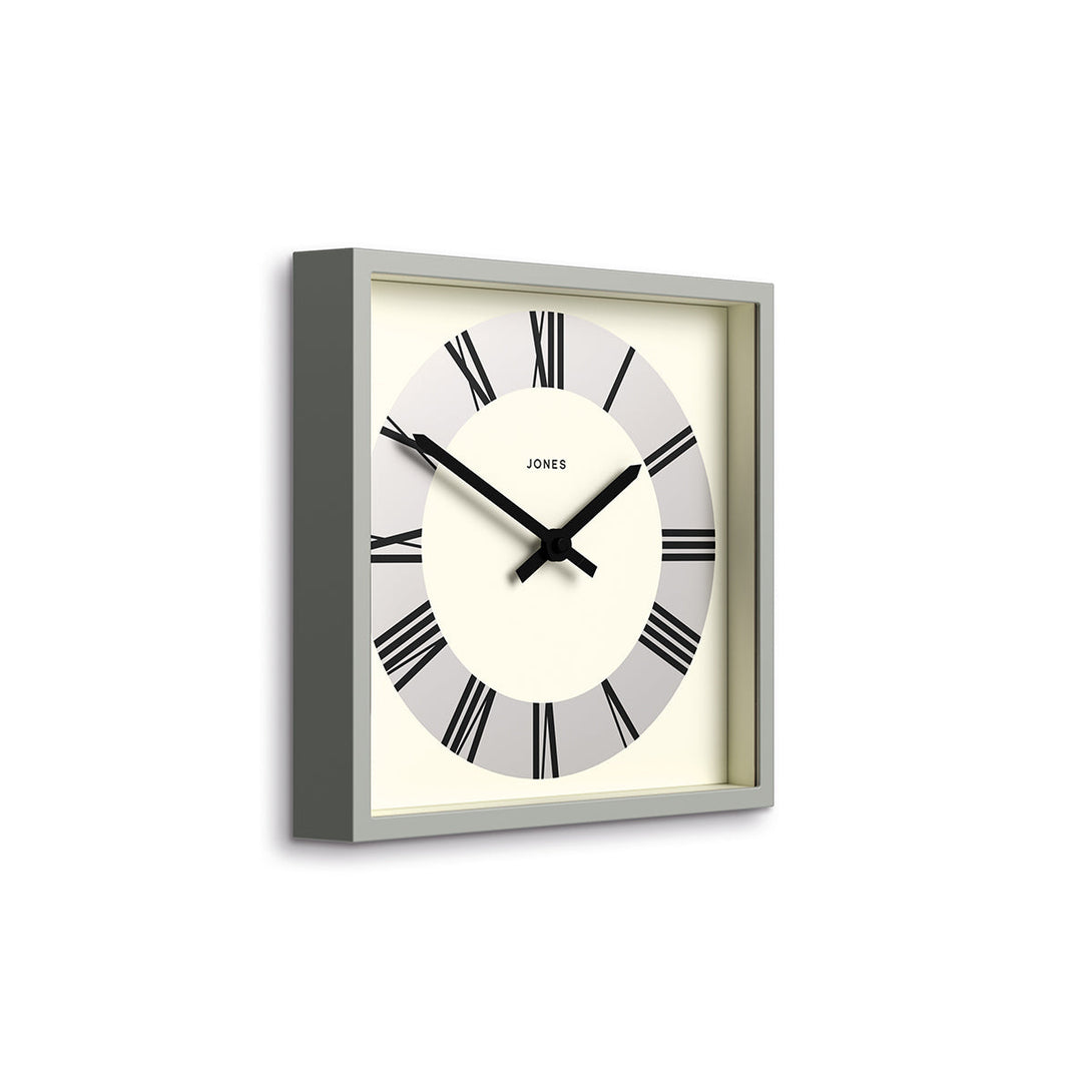 Box wall clock by Jones Clocks in grey with a circular Roman Numeral dial on a silver disk - JBOX230PGY