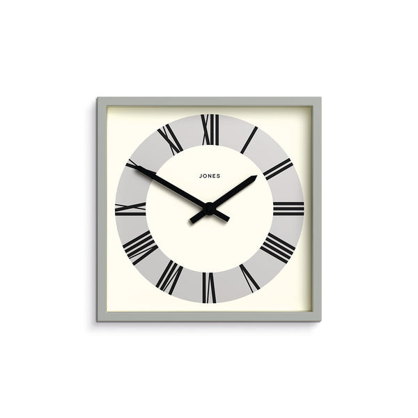 Box wall clock by Jones Clocks in grey with a circular Roman Numeral dial on a silver disk - JBOX230PGY
