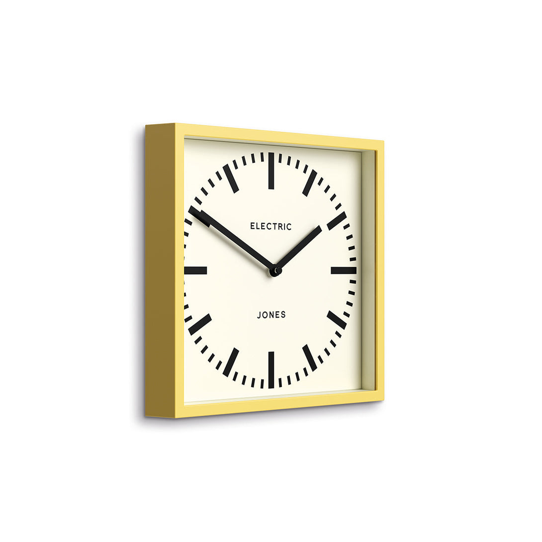 Box wall clock by Jones Clocks in yellow with a round railway dial - JBOX38CHY