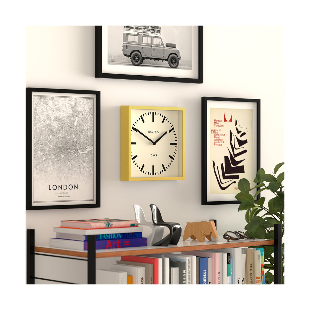 Box wall clock by Jones Clocks in yellow with a round railway dial - JBOX38CHY
