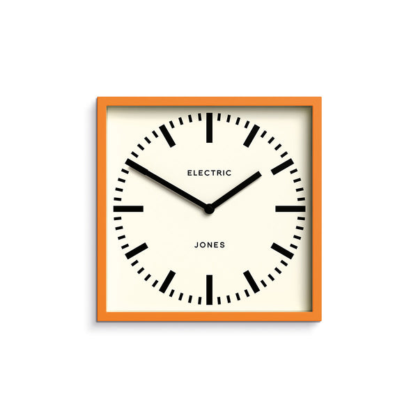 Box wall clock by Jones Clocks in orange with a round railway dial - JBOX38FO