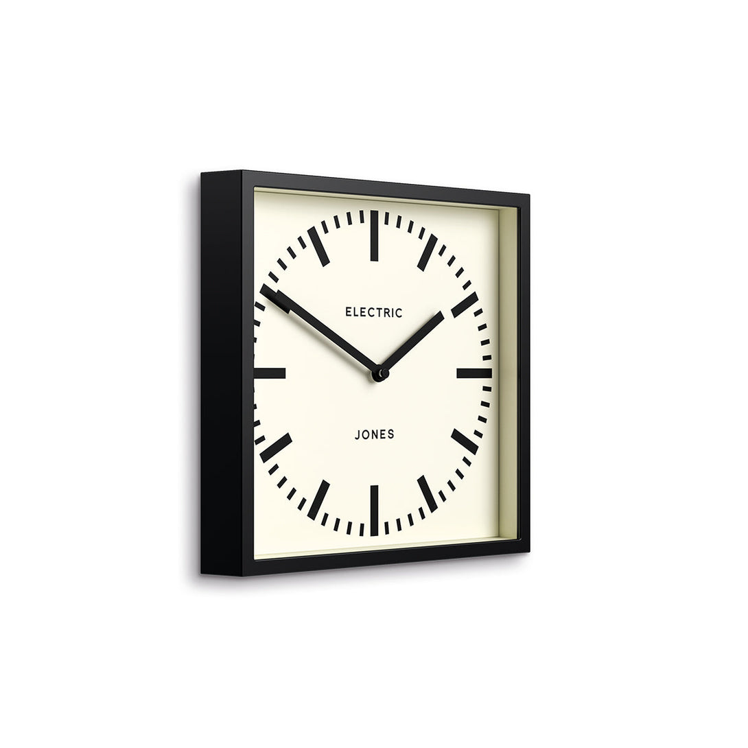 Box wall clock by Jones Clocks in black with a round railway dial - JBOX38K