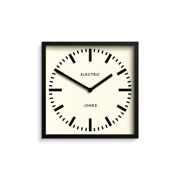 Box wall clock by Jones Clocks in black with a round railway dial - JBOX38K
