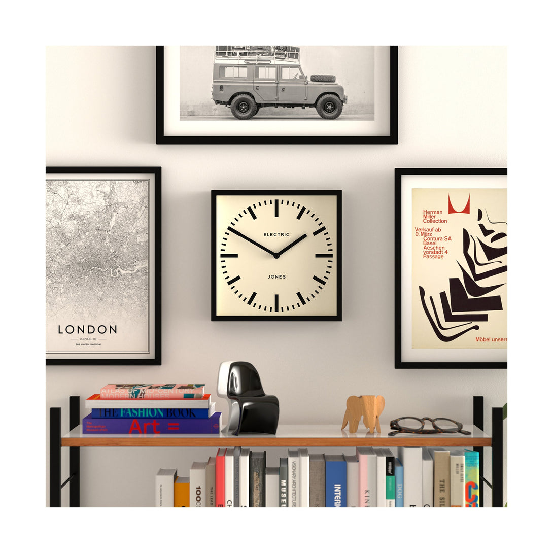 Box wall clock by Jones Clocks in black with a round railway dial - JBOX38K