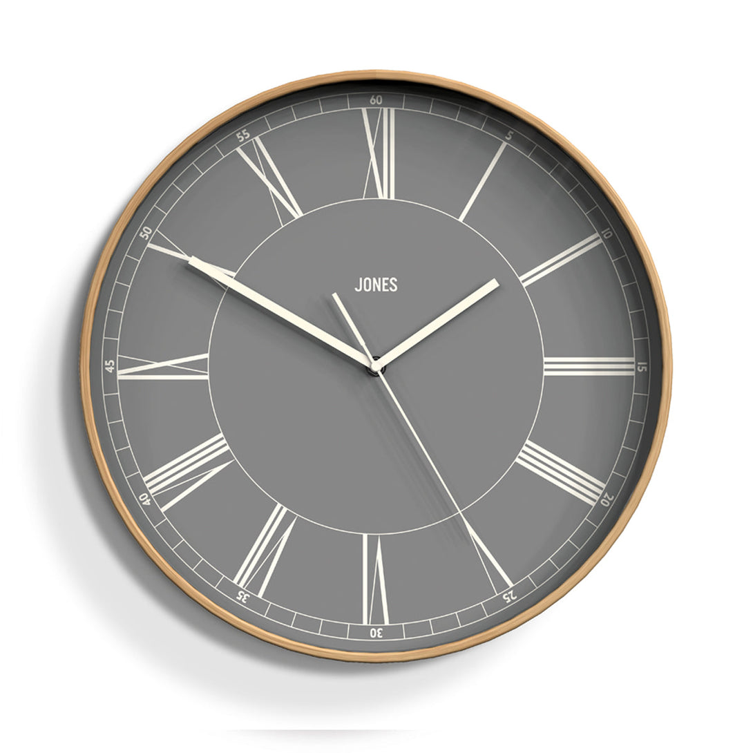 Cabin wall clock by Jones Clocks in pale plywood with a minimalist grey Roman Numeral dial - JCAB171PLY40