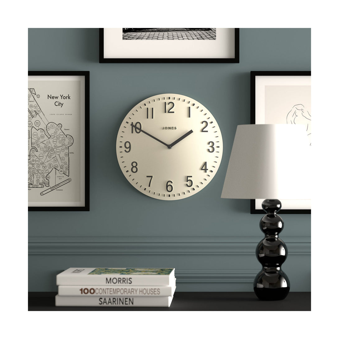 Chilli convex modern wall clock by Jones Clocks in linen white with a silver contemporary dial - JCHILLWBGY30