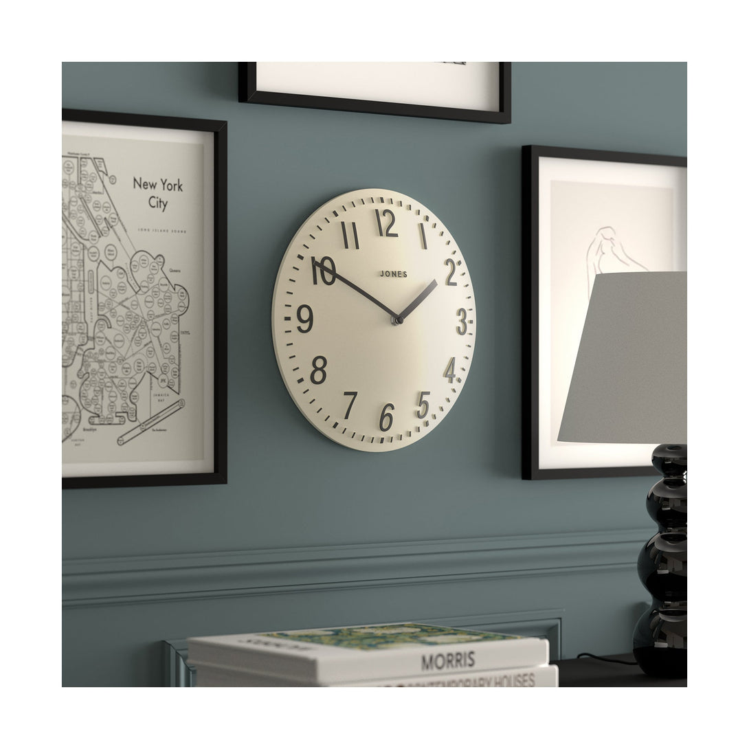 Chilli convex modern wall clock by Jones Clocks in linen white with a silver contemporary dial - JCHILLWBGY30