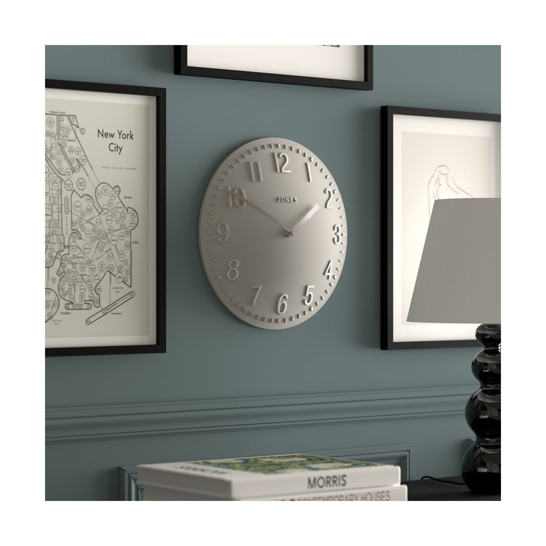 Chilli convex wall clock by Jones Clocks in grey with a silver contemporary dial - JCHILOGYS30